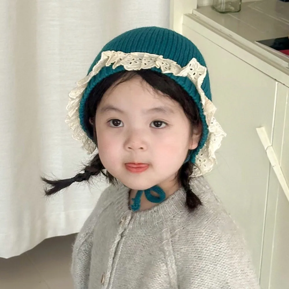 Gorro de invierno de encaje con volantes de estilo coreano para bebé, gorro suave y cálido para niños, gorro de lana tejido estilo princesa para niños y niñas - imagen 2