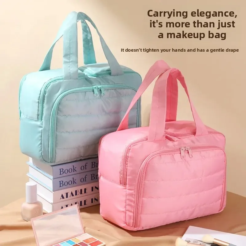 Neceser de viaje para mujer, bolsa de maquillaje divisoria de gran capacidad, ligera, portátil, a la moda, Material de nailon de diseño Simple - imagen 4