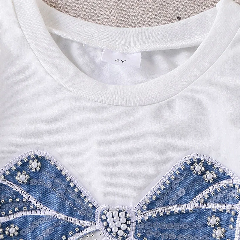 Conjuntos de 2 piezas de ropa de Boutique para niña, moda coreana, Tops de algodón de manga corta con bonito lazo para bebé + Pantalones cortos vaqueros, ropa para niños B202 - imagen 3