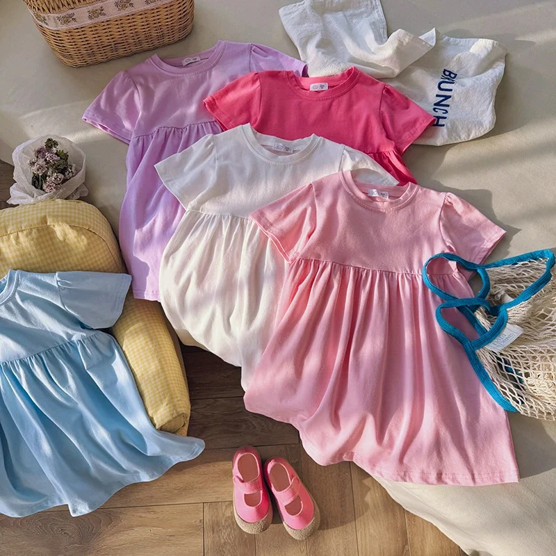 Vestido verano manga corta niñas – Casual suelto liso estilo princesa - imagen 4
