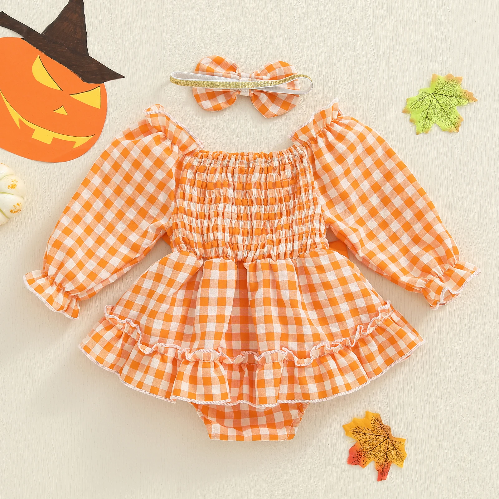 SUNSIOM 0-18 meses bebé niña Halloween mameluco vestido y diadema con lazo manga larga estampado a cuadros mono con escote elástico - imagen 3
