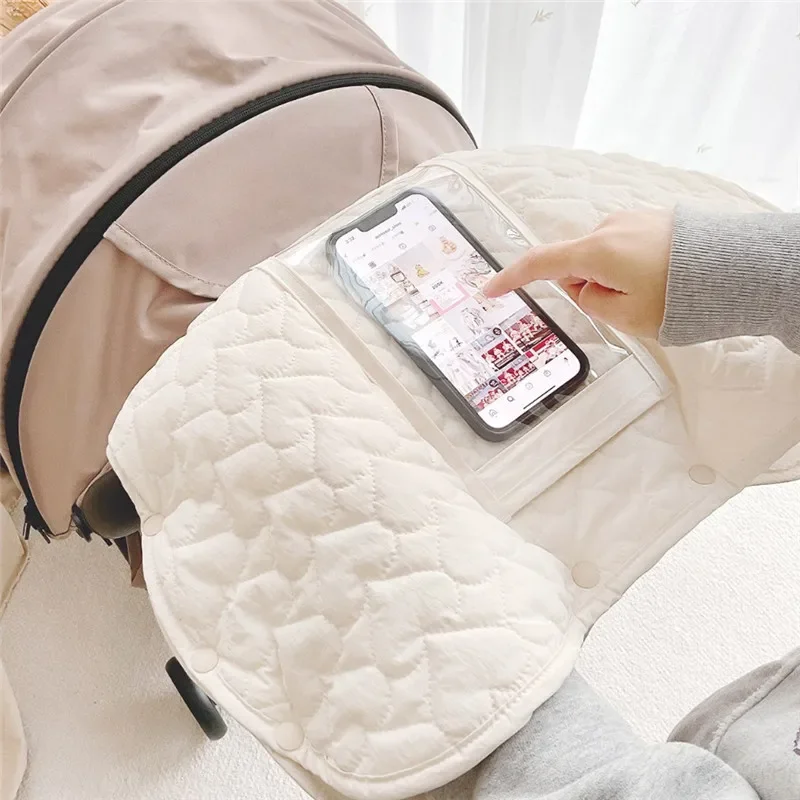 Guantes cálidos para cochecito de invierno, guantes impermeables, accesorios para cochecito, manopla para cochecito, manopla de mano de lana de piel con bolsillo para teléfono - imagen 3