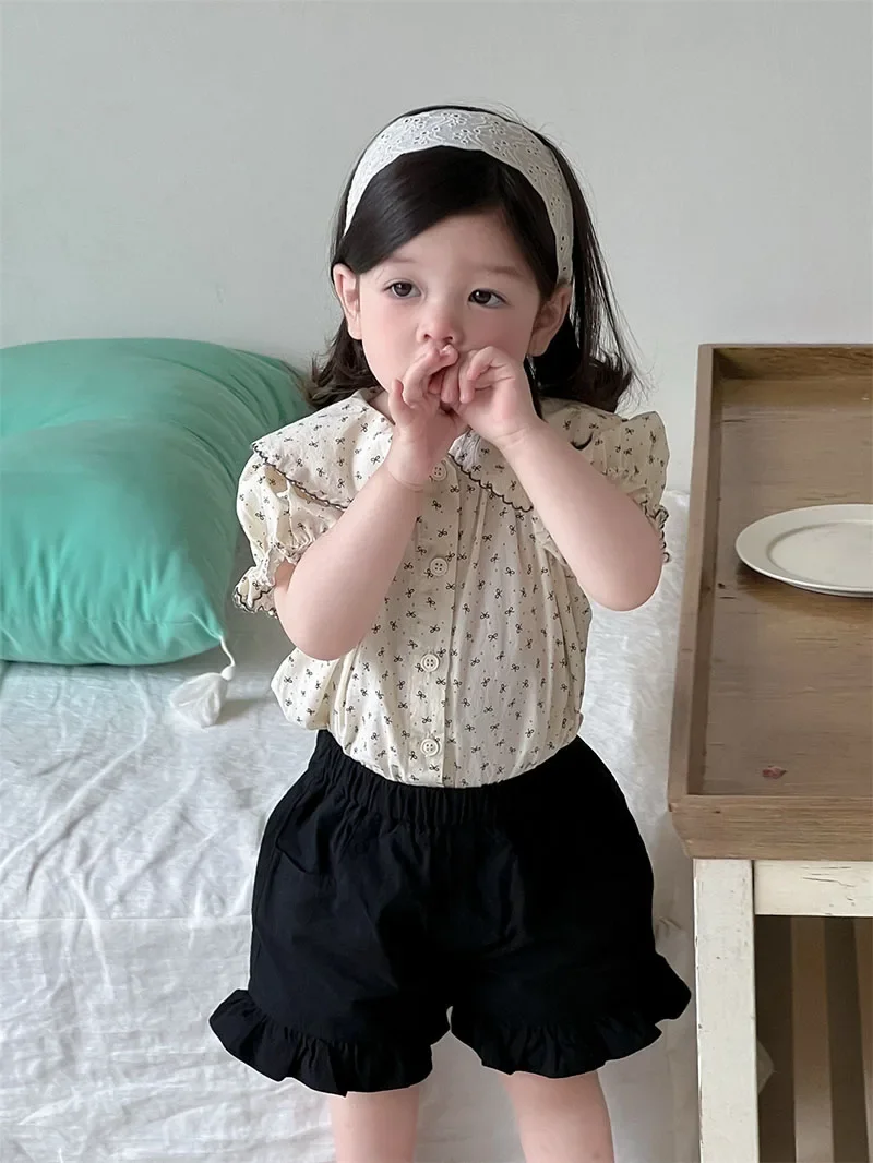 MILANCEL, nueva camisa con lazo de verano para niñas, 9M-3T, blusa fina bonita con cuello de muñeca para bebés, pantalones cortos holgados versión coreana para niños pequeños - imagen 5