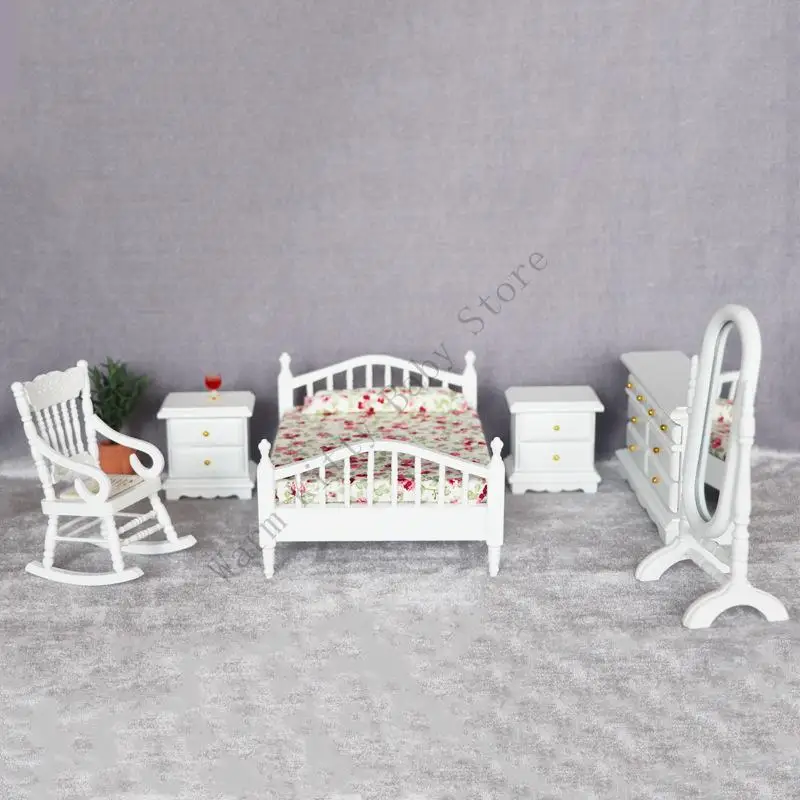 XXFE Juego muebles dormitorio casa muñecas madera, accesorio paisaje para dormitorio, mesita noche, - imagen 3