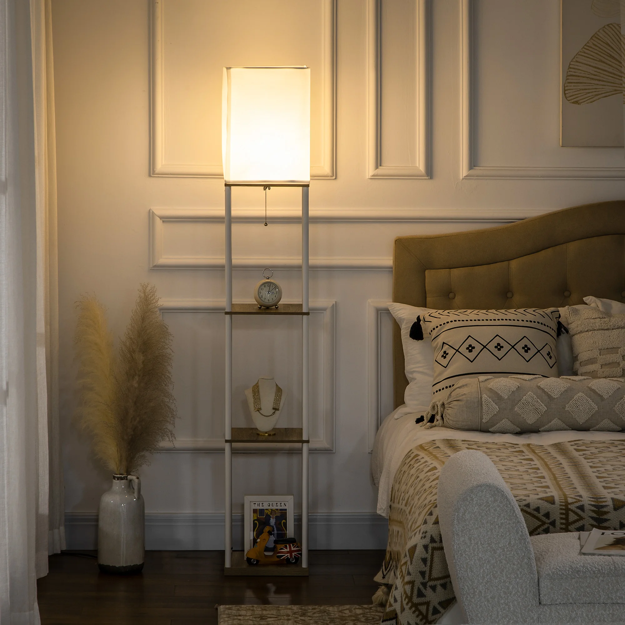 HOMCOM Lámpara de Pie Moderna con Estantes Lámpara de Pie para Salón Casquillo E27 Max. 40W con Pantalla de Tela e Interruptor para Dormitorio Oficina 26x26x159 cm Blanco - imagen 2