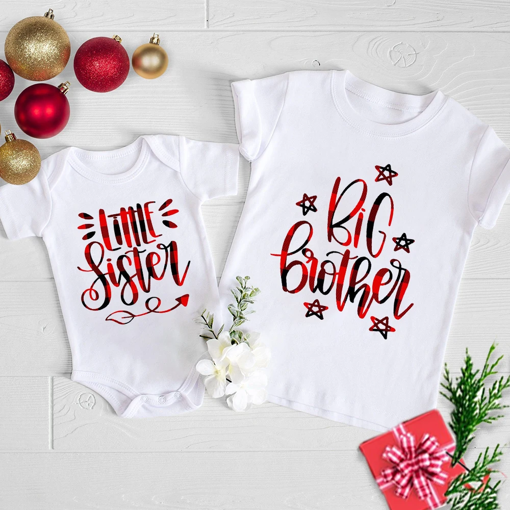 Camiseta con estampado de hermano mayor y hermana pequeña para niños, traje a juego de Navidad para hermanos y hermanos, camisetas navideñas para niños, mono para bebé
