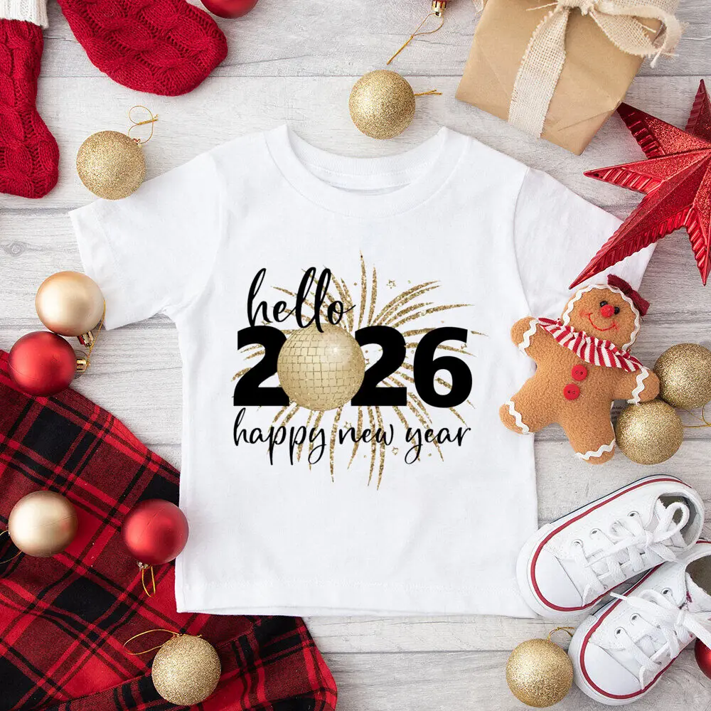 Hola 2026 Feliz Año Nuevo ropa a juego Feliz Año Nuevo papá mamá niños niñas camisa fiesta de vacaciones traje familiar Top - imagen 4