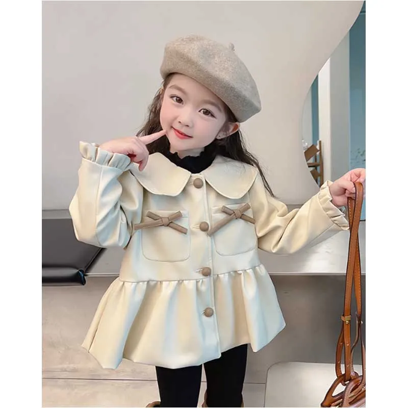 Abrigo de cuero para niñas con solapa y lazo elegante otoñal cálido