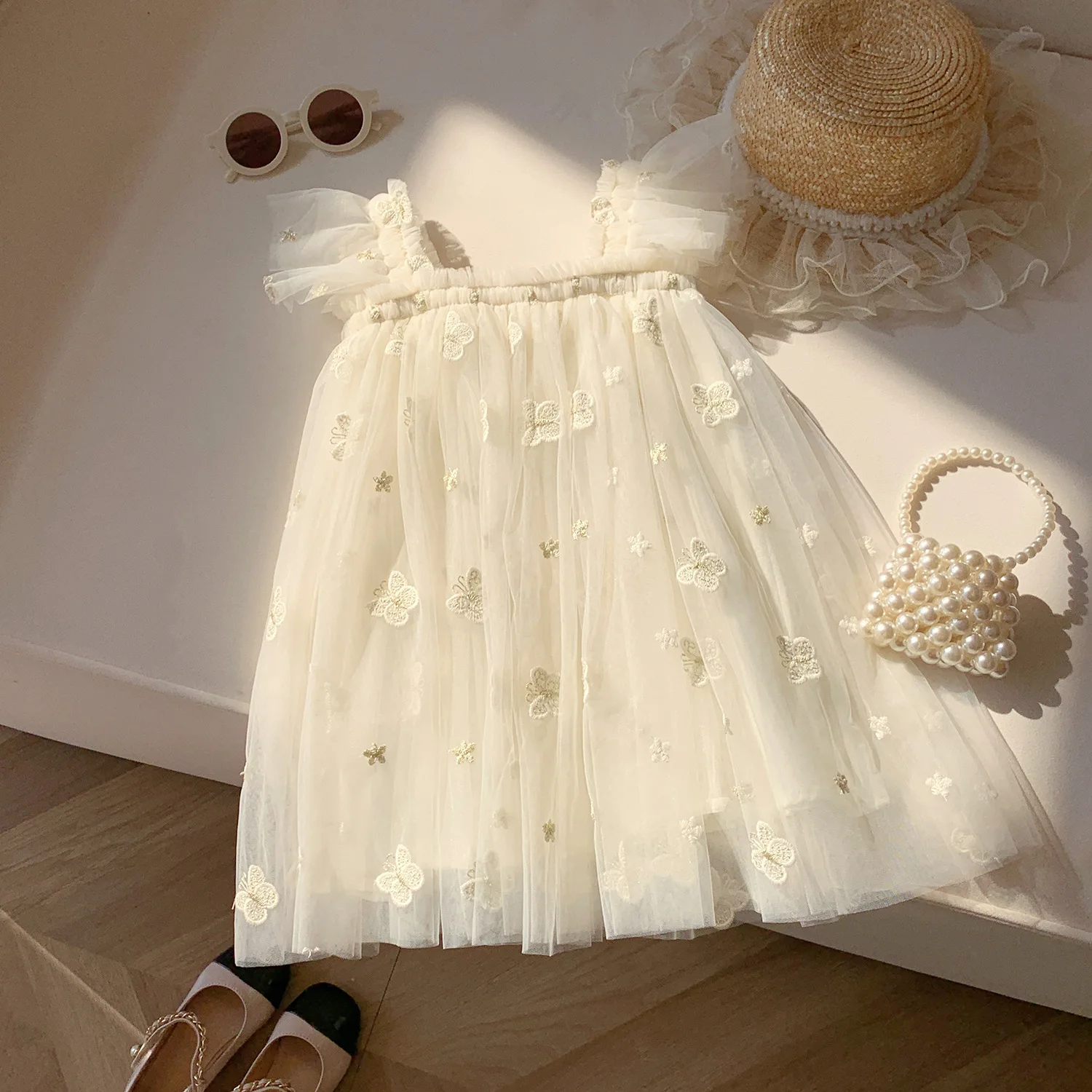 Lindo vestido de mariposa con tirantes de malla para niñas pequeñas, vestido de princesa de tul peludo, ropa informal de verano con bordado de flores para niñas pequeñas - imagen 5