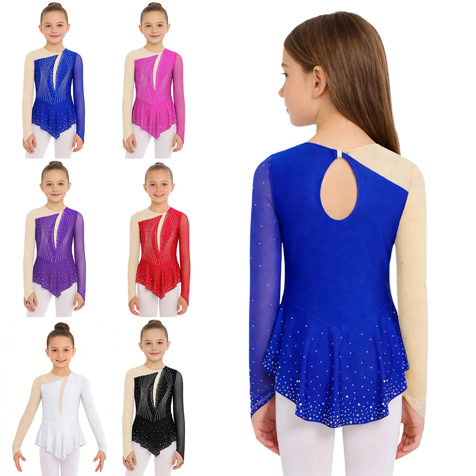 Vestido de patinaje artístico para niña con pedrería brillante - imagen 4