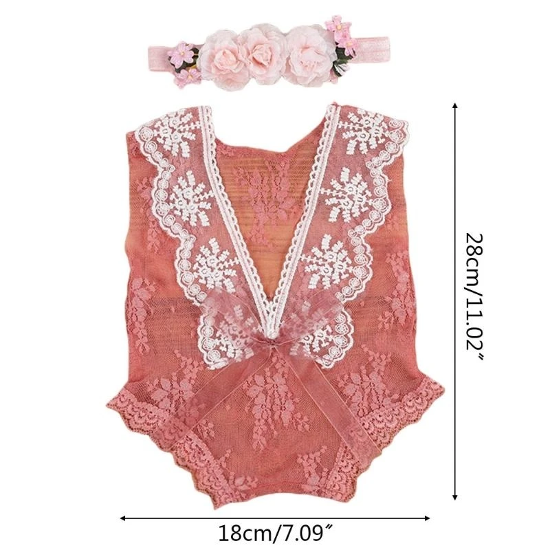 M76C Baby Lace Compper Diadema Conjunto fotografía Recién nacida Bodysuit Flower Band - imagen 5