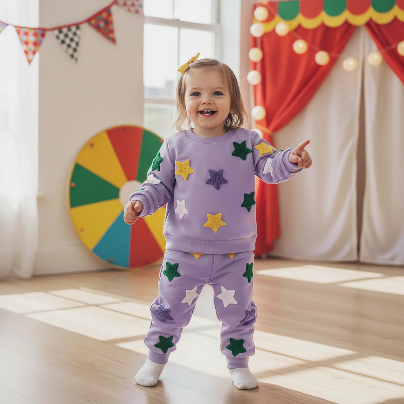 Suefunskry Conjunto de sudadera y pantalones de cintura elástica con bordado de estrellas coloridas y cuello redondo de manga larga para niño y niña - imagen 4