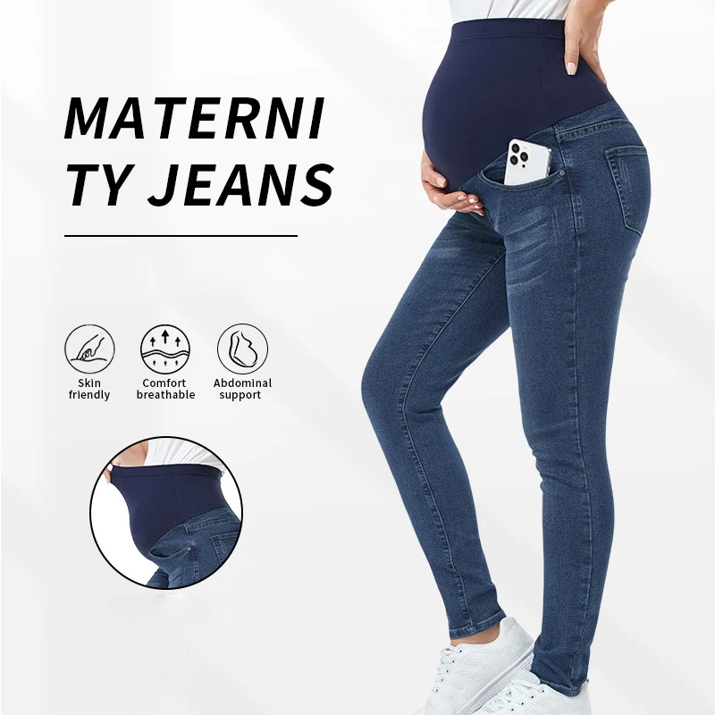 Pantalón de maternidad Otoño e Invierno nuevo ajustado de cintura alta mujeres embarazadas Jeans soporte cintura levantamiento cadera pies pequeños elásticos - imagen 2
