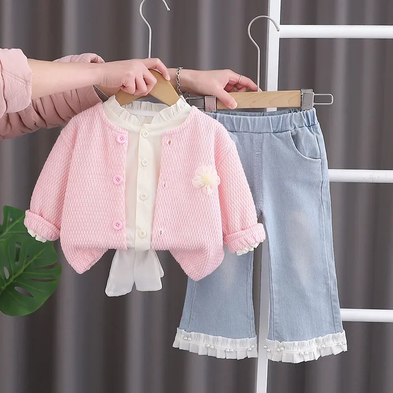 3 piezas 2025 primavera otoño ropa para niños niñas moda coreana Linda flor tejida rosa bebé Tops + camiseta + pantalones vaqueros conjuntos para niños BC2262 - imagen 5