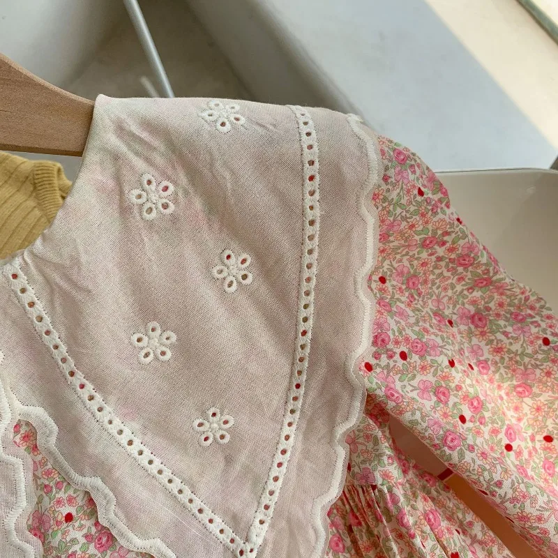 2025 nuevo vestido de princesa Floral coreano de otoño/invierno para niñas pequeñas, lindo cuello Peter Pan, moderno y elegante, suave y cómodo - imagen 3