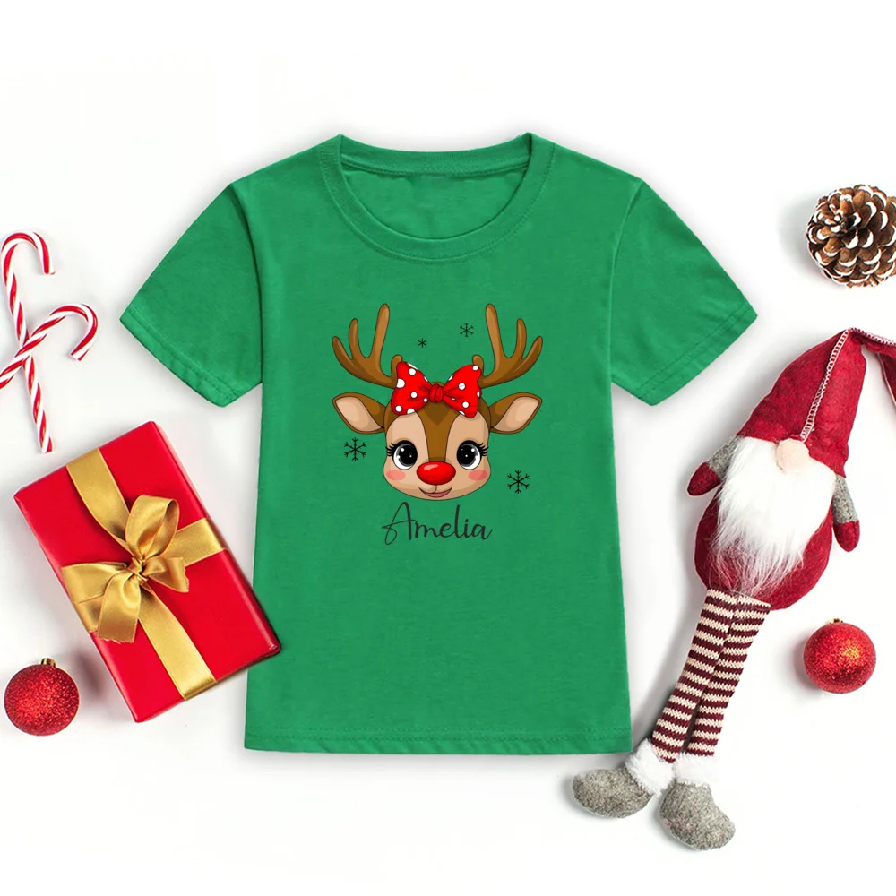 Camisa navideña de reno personalizada, camisas de manga corta navideñas personalizadas para niños, camiseta bonita de Navidad con ciervo para niño y niña con nombre - imagen 3