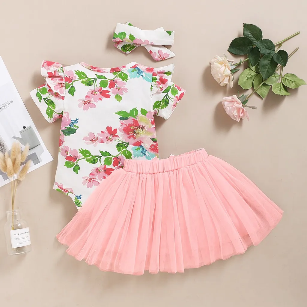 Vestido de princesa para niñas recién nacidas de 0 a 2 años, Pelele de manga corta + falda de hilo de Red + diadema Floral, traje de verano de 3 piezas - imagen 2
