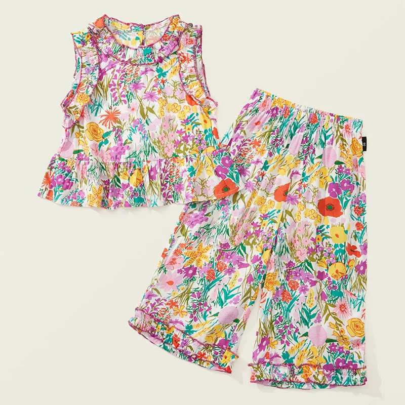 Conjunto floral de verano para niña – Camiseta sin mangas y pants de algodón