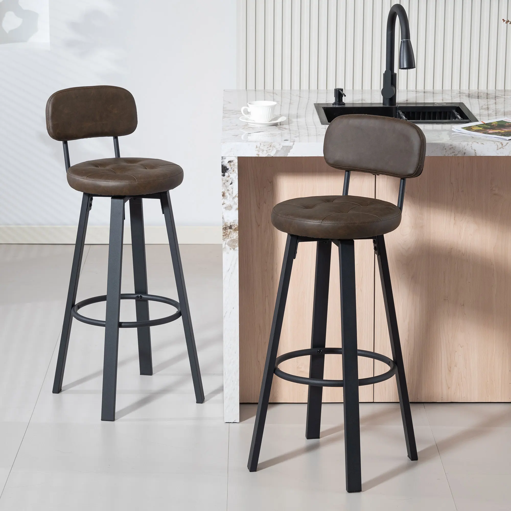 HOMCOM Juego de 2 Taburetes de Bar, Taburetes Altos de Cocina Giratorios, Tapizados de PU, con Respaldo, Marco de Metal, Reposapiés, Asiento de 76,5 cm de Altura - imagen 2