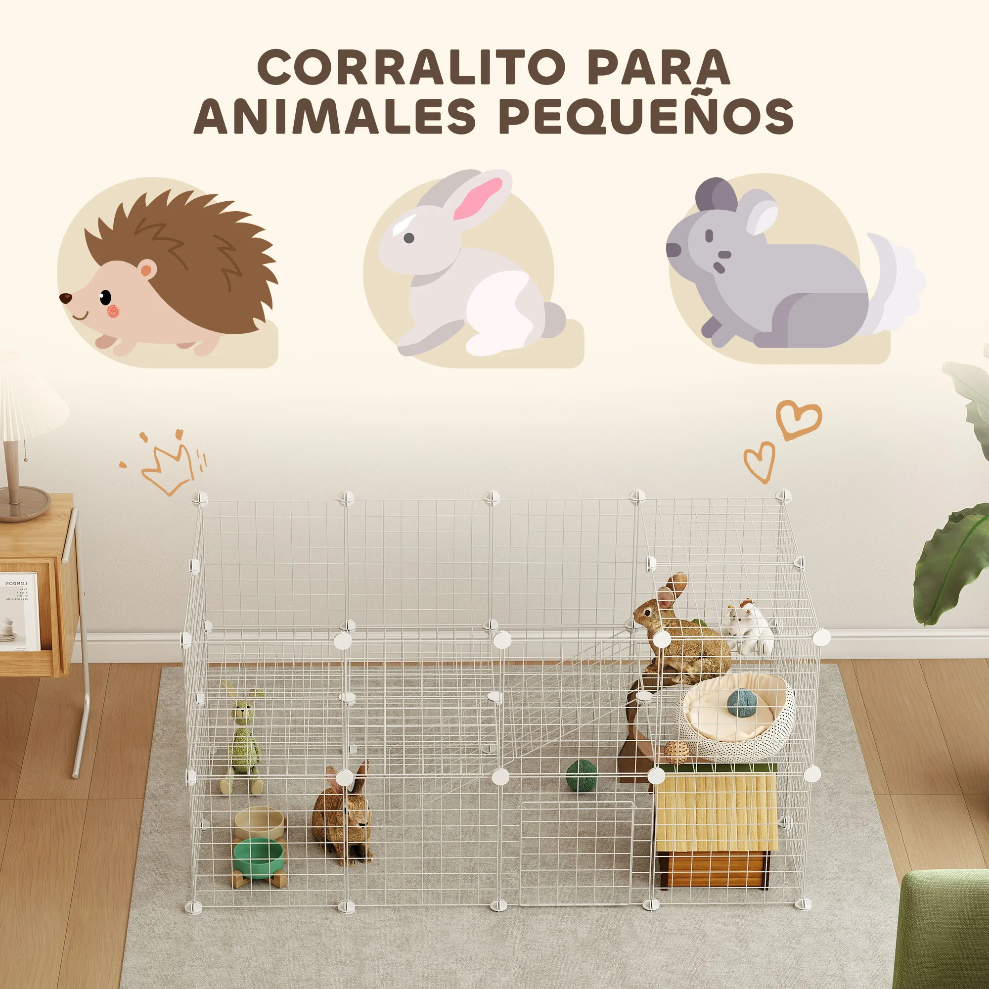 PawHut Valla Metálica para Mascotas de 36 Paneles, Jaula para Animales Pequeños, Forma Personalizable, Jaula para Conejos, Cobayas, Chinchillas, Gatitos, 146x73x73 cm, Blanco - imagen 5