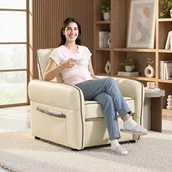 HOMCOM Butaca de Salón Tapizada en Cuero Sintético, Sillón Relax Moderno con Asiento Ancho, Acolchado Grueso, Reposabrazos y Bolsillo Lateral para Dormitorio, Sala de Estar, Carga 120 kg, Beige