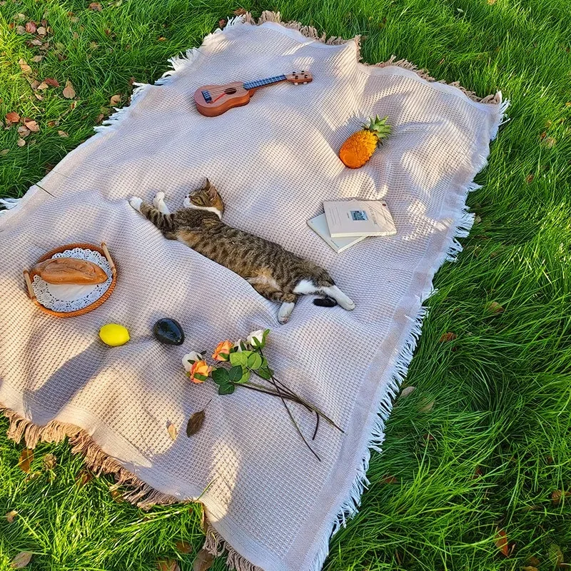 Manta de picnic de lino con diseño waffle y flecos para exteriores - imagen 3