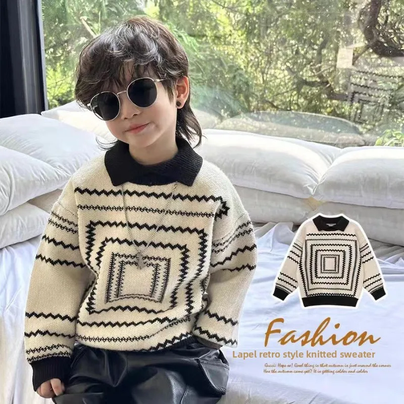 2025 otoño nuevo suéter de estilo coreano para niños: polo retro suelto de manga larga, top con cuello de punto de moda para niños. - imagen 2