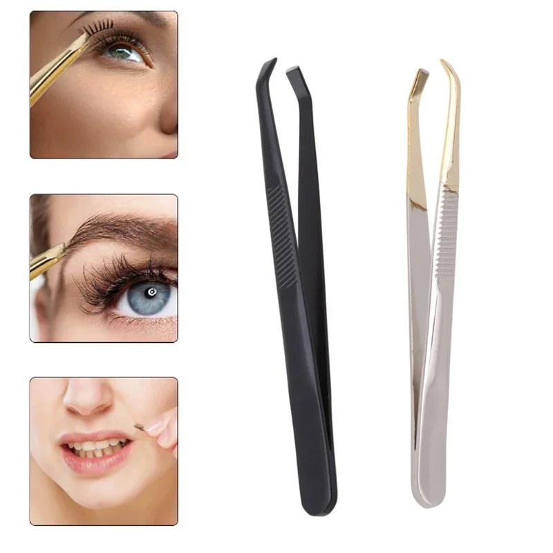 Pinzas de Clip para eliminación de vello Facial, punta inclinada para cejas, 1 Uds., pinzas planas de acero inoxidable para maquillaje de pestañas, herramientas de belleza