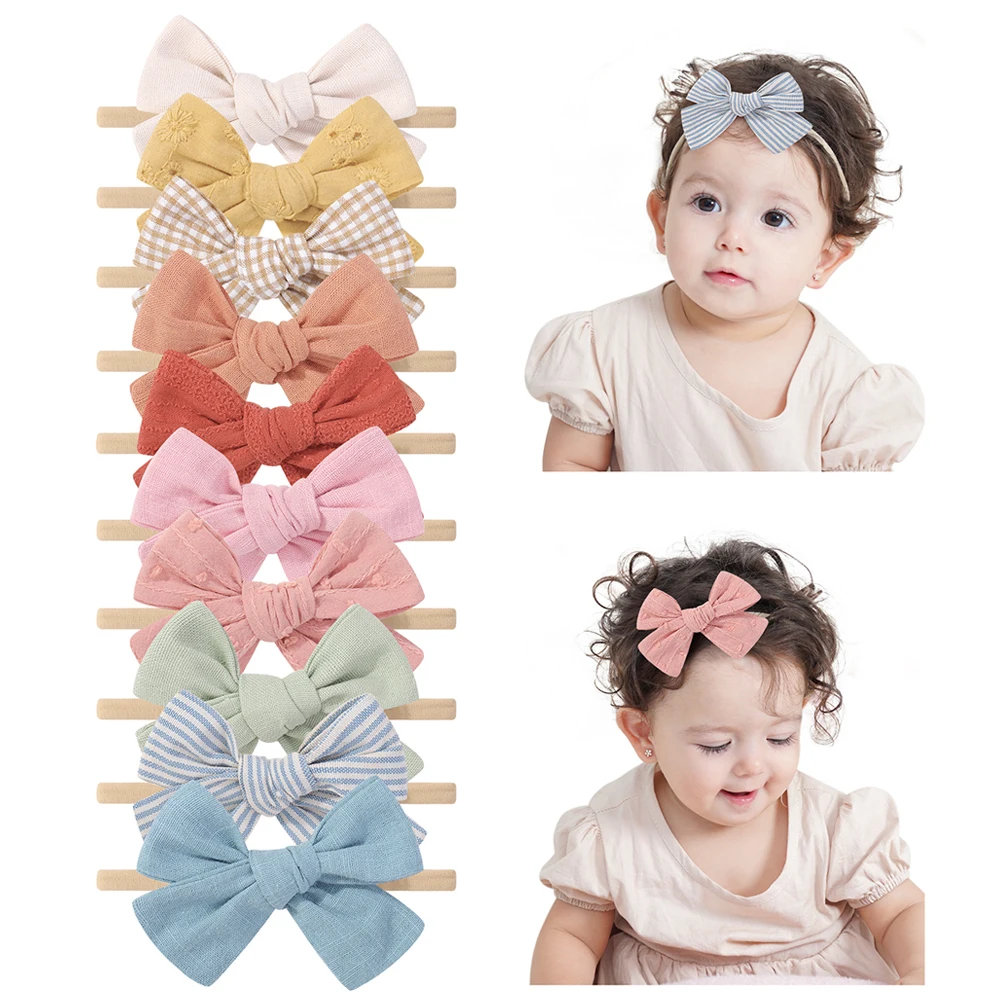 10 Uds. Conjunto de diadema con lazo para niñas, nailon elástico suave, bandas para el pelo de Color sólido para recién nacidos, accesorios para sombreros hechos a mano - imagen 5