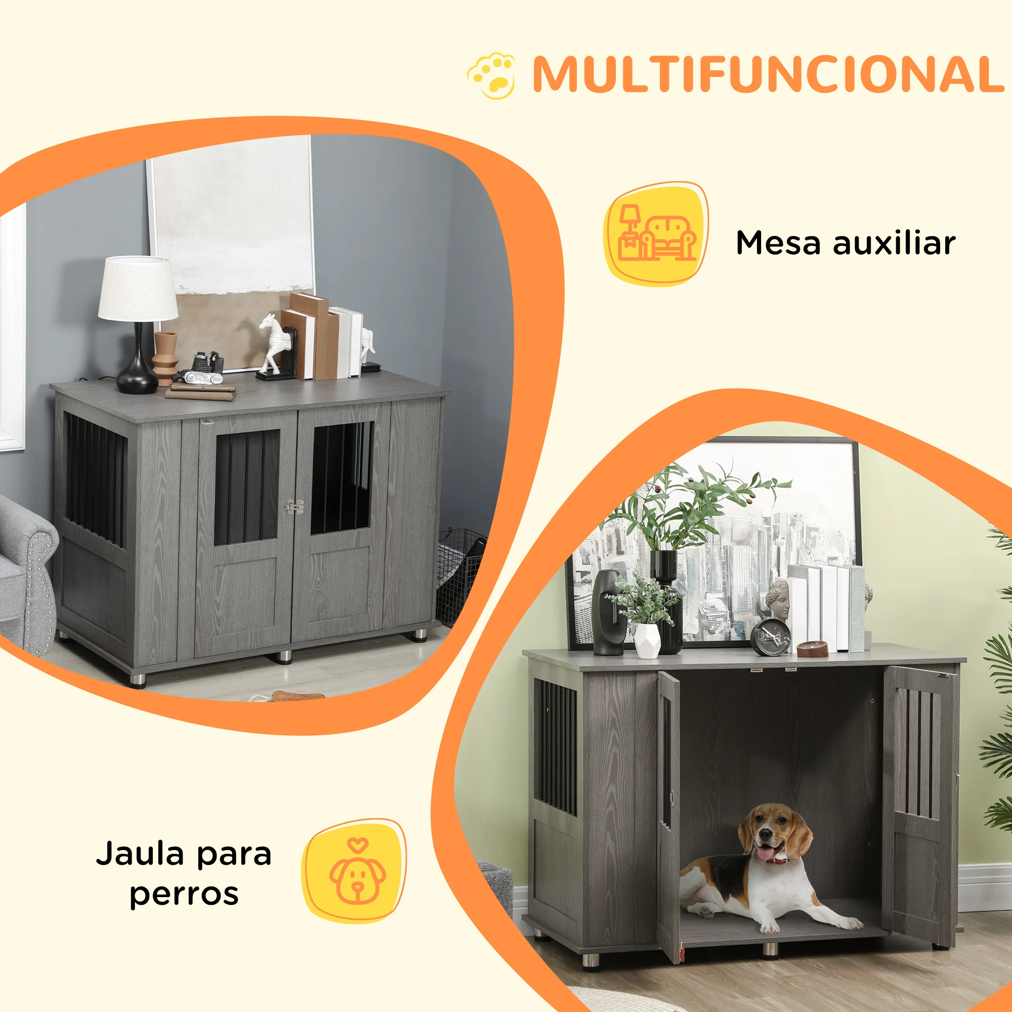 PawHut Jaula para Perros Grandes Desmontable 2 en 1 Mesa Auxiliar con 2 Puertas con Pestillo 4 Ventanas y Patas Ajustables 114x60x82 cm Gris - imagen 5