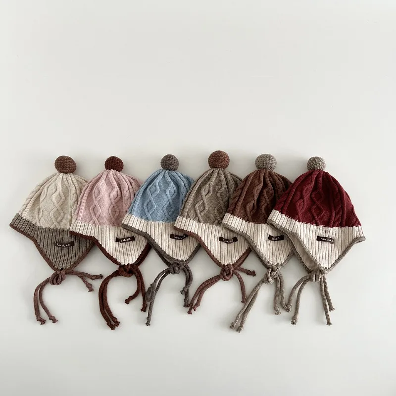 Gorro de punto para niños, gorro térmico a prueba de viento con solapa para las orejas, estilo Ins de invierno, con patrón de diamantes, gorro de ganchillo cálido para niños y niñas - imagen 2