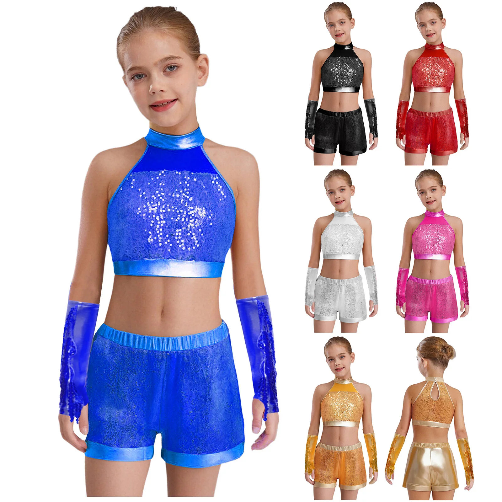 Traje jazz hip hop con lentejuelas metálicas y borlas para niña - imagen 5