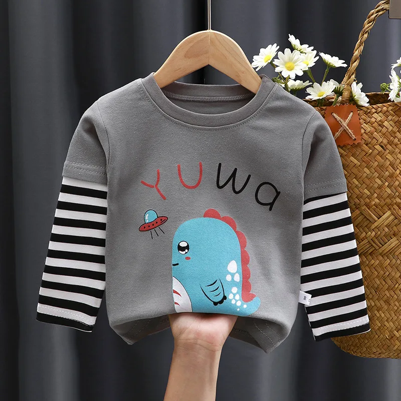 Sudadera para niños, camiseta falsa de dos piezas de algodón a rayas con dibujos animados, jersey para niñas, Tops, ropa informal con cuello redondo - imagen 3
