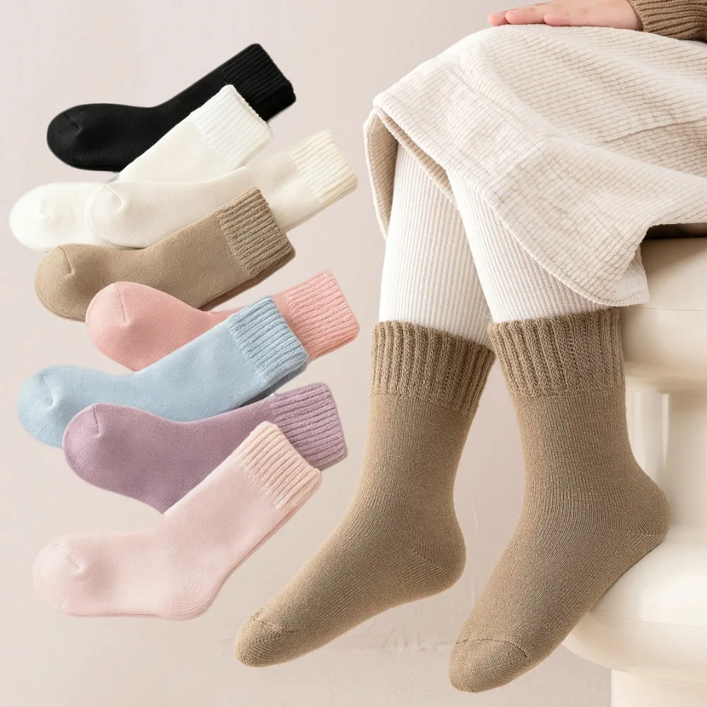 Calcetines térmicos hasta la rodilla de lana gruesa y cálida para invierno, calcetines de algodón suave para niños y niñas, calcetines térmicos simples de felpa de Color sólido para niños