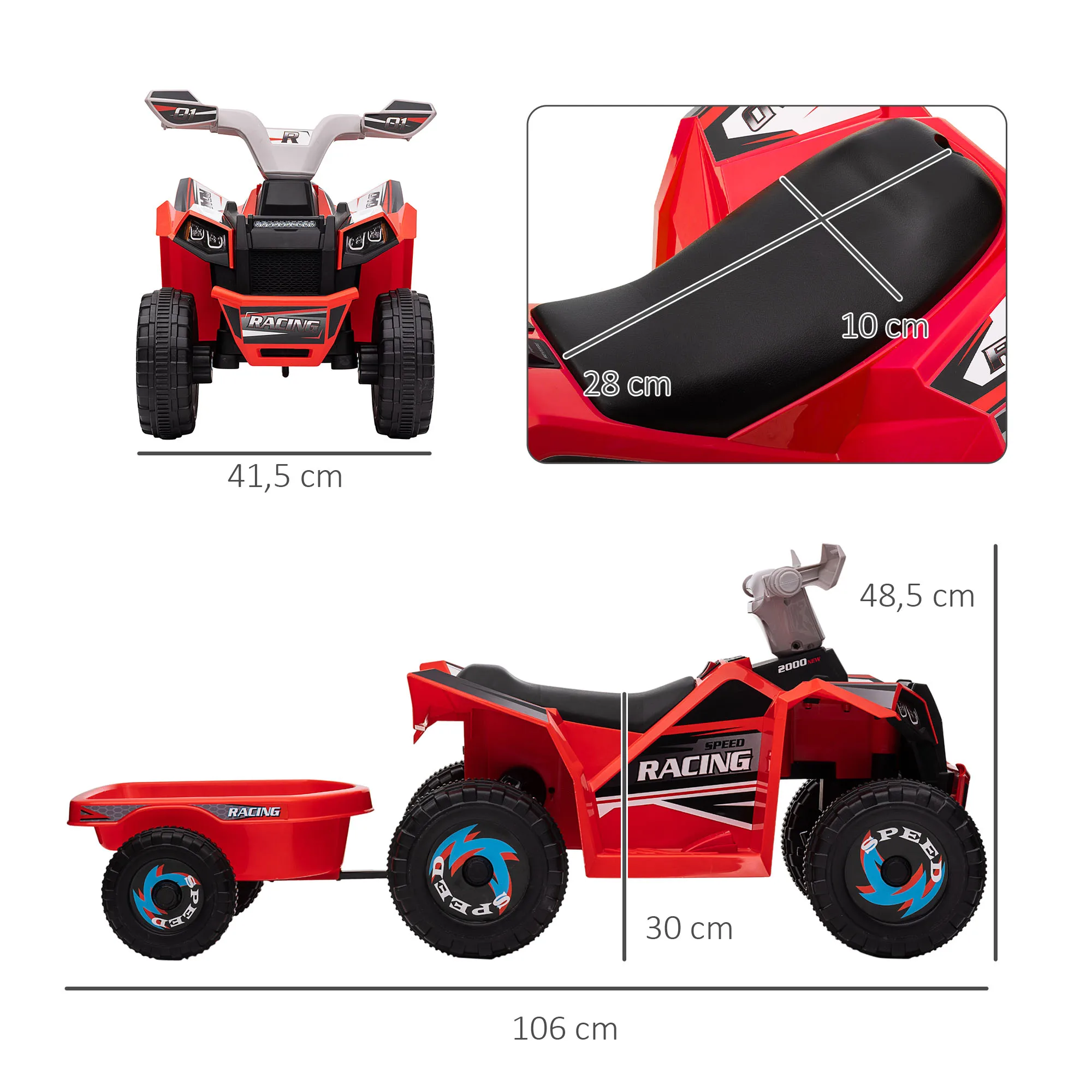 HOMCOM Quad Eléctrico para Niños con Remolque a Batería 6V Coche Eléctrico Cuatrimoto para Niños de 18-36 Meses con Velocidad 2,5 km/h Carga 25 kg 106x41,5x48,5 cm - imagen 3