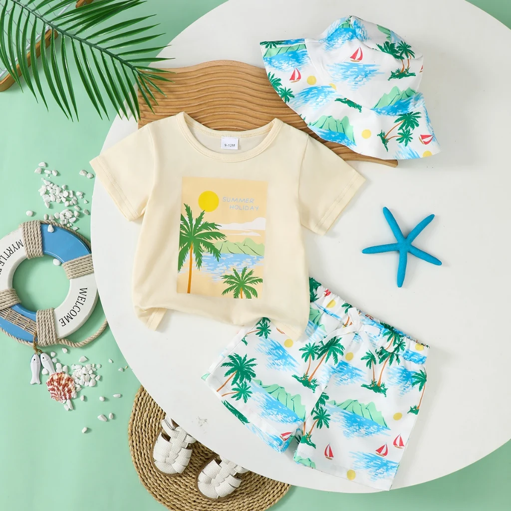 Conjunto de vacaciones hawaianas para niños, camiseta de manga corta, pantalones cortos florales y sombrero estampado a juego, conjunto de ropa de bebé estilo isla de verano