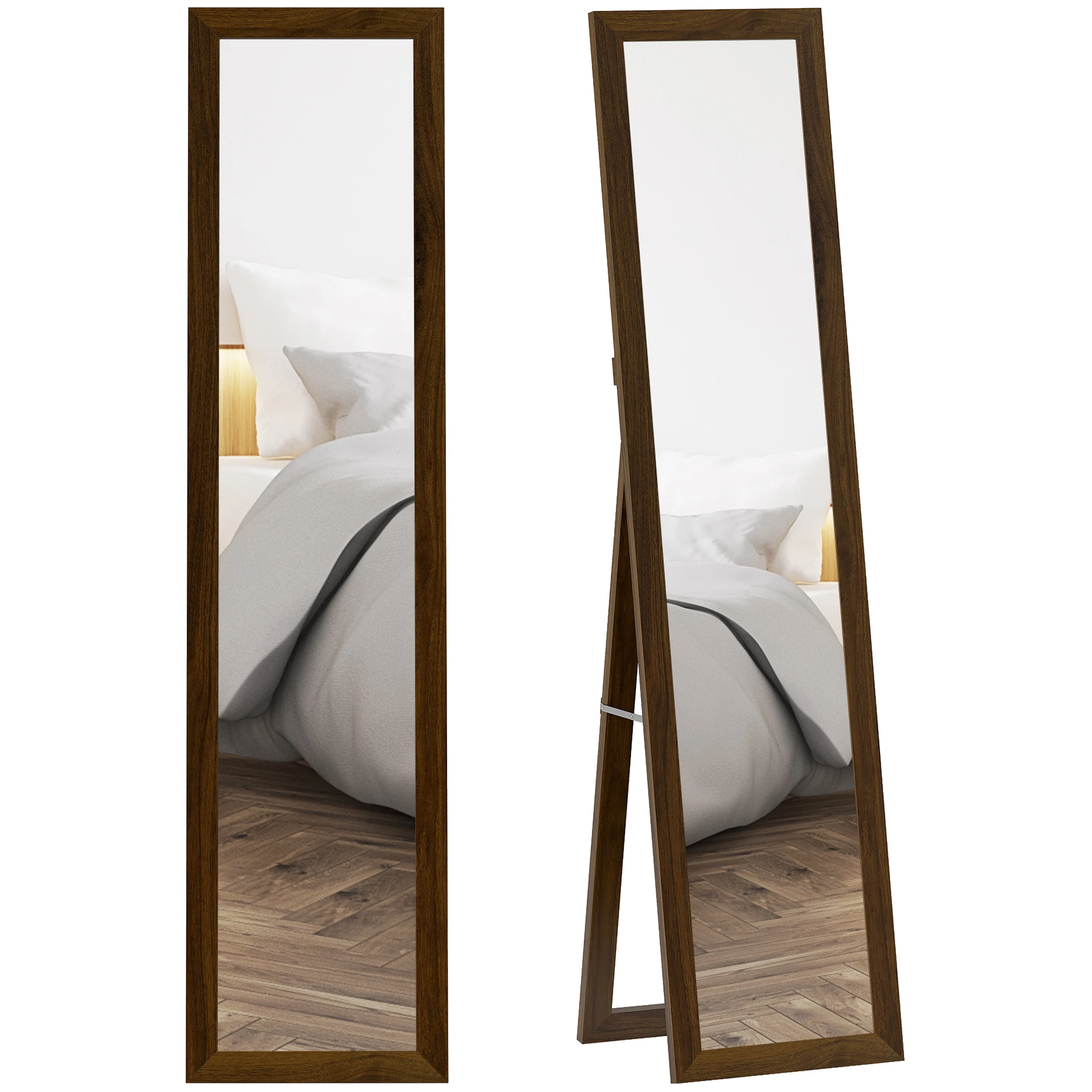 HOMCOM Espejo de Pie Cuerpo Entero 157x37 cm, Espejo de Cuerpo Entero con Soporte, 3 Formas de Uso, Independiente, Montaje Pared y Apoyado, para Salón, Entrada, Dormitorio, Nogal