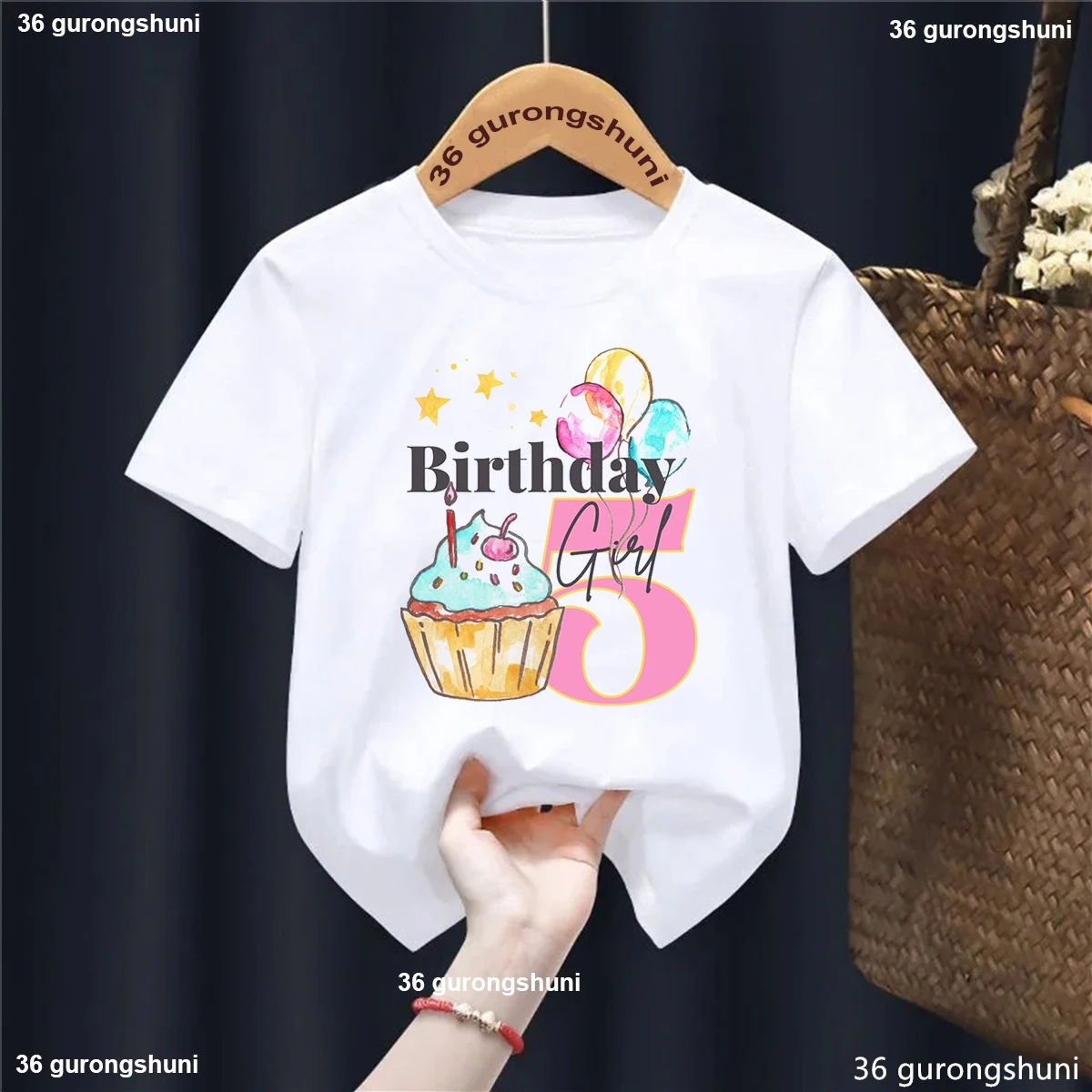 Camiseta blanca con estampado de regalo de cumpleaños para niñas, camiseta con estampado de pastel, globo, estrella, Kawaii, ropa para niños, camiseta de fiesta de cumpleaños - imagen 3