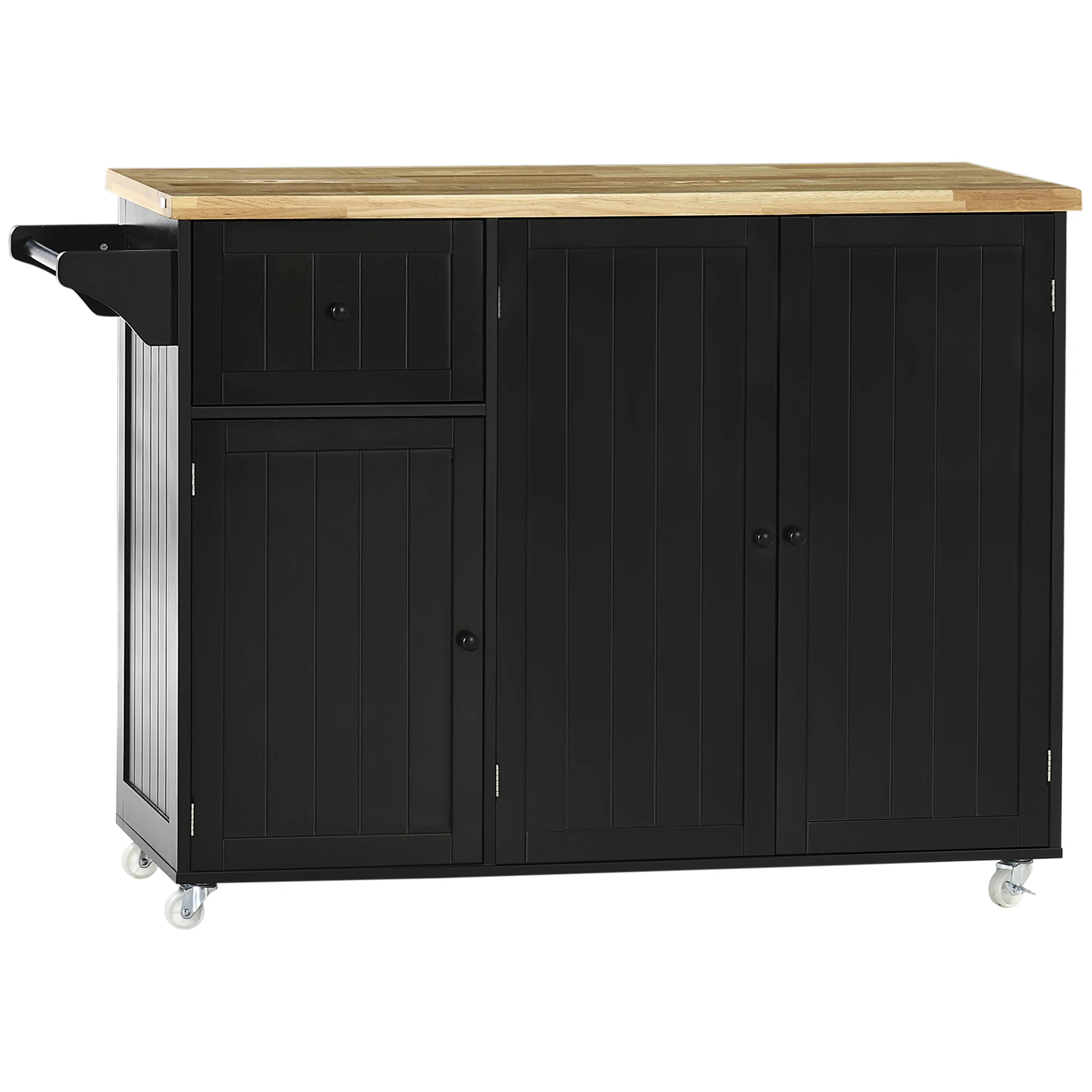 HOMCOM Isla de Cocina con Ruedas Carro de Cocina con Cajón 3 Puertas Estantes Ajustables y Toallero Mueble Auxiliar de Cocina para Comedor 135x45x94,5 cm Negro