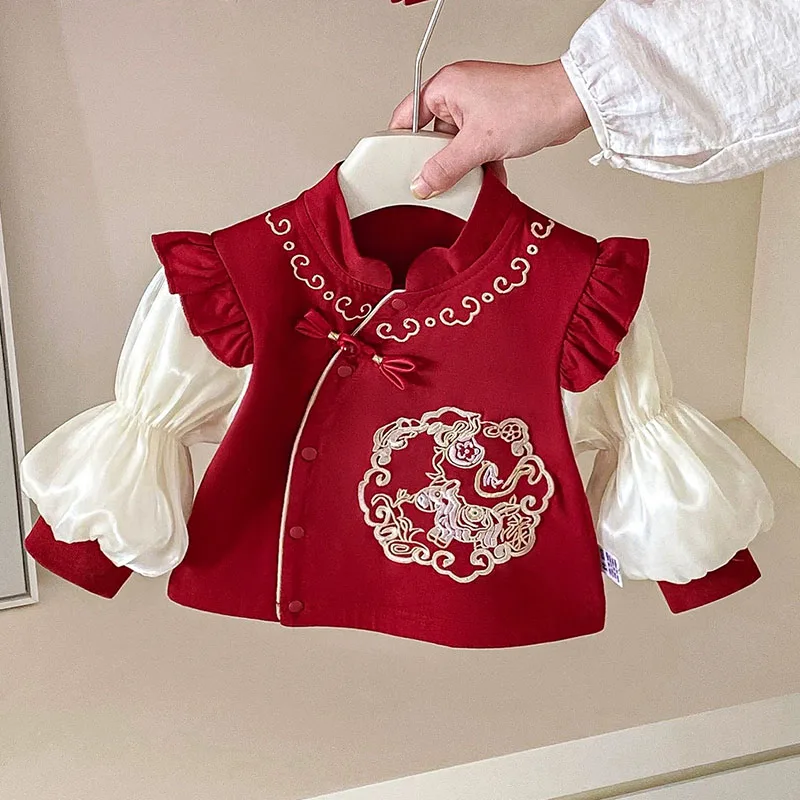 Conjunto primavera bebé niña estilo chino bordado Año Nuevo rojo - imagen 4