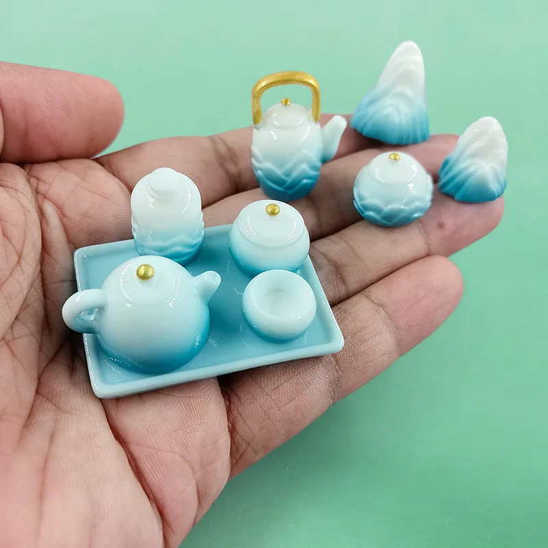 Juego de té con tinta estilo paisaje, estatuilla de piedra, decoración del hogar, casa de muñecas en miniatura, accesorios de decoración de jardín de hadas modernos, 9 Uds.