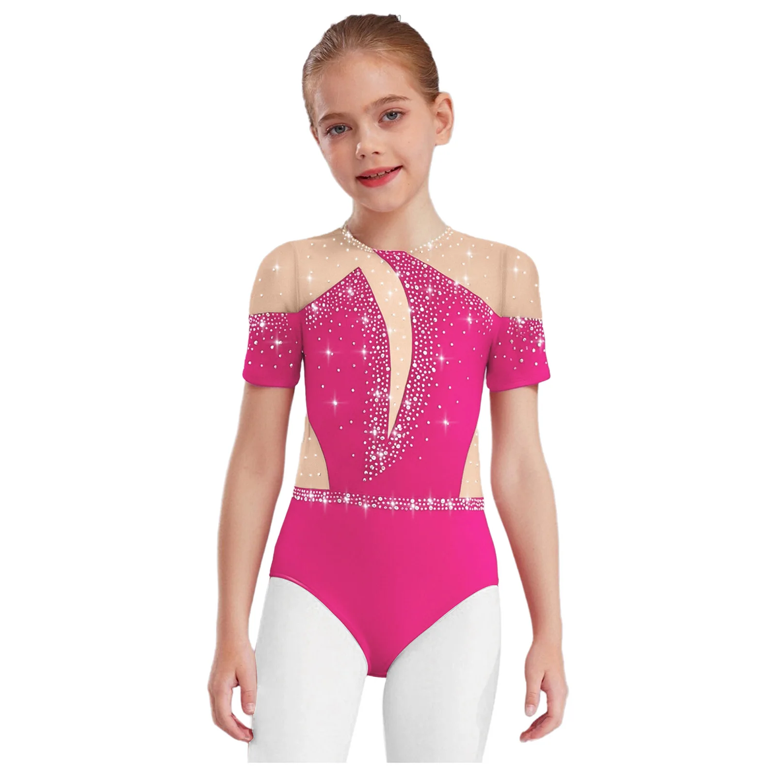 Niños Niñas patinaje artístico danza leotardo manga corta recortado espalda malla transparente Patchwork diamantes de imitación mono de gimnasia Ropa de baile - imagen 4
