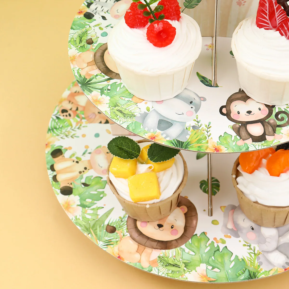 1 Juego de soporte de exhibición de pastel de fiesta de Safari en la jungla de dibujos animados de 3 niveles, estante para cupcakes de cumpleaños de animales salvajes, decoración de bandeja para pastel de Baby Shower - imagen 4