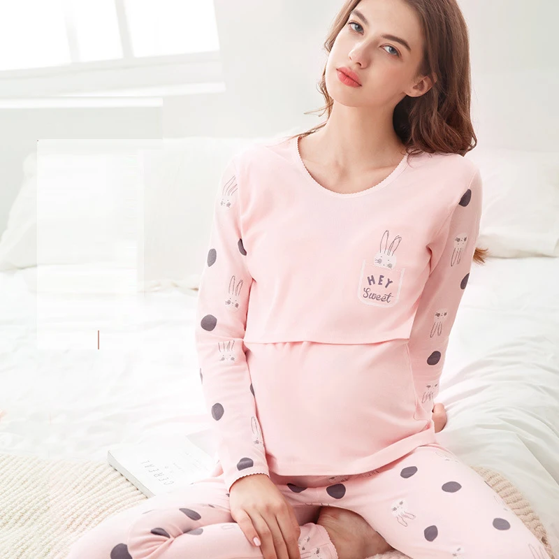 Nuevo Conjunto de pijamas de maternidad para primavera y otoño, ropa de lactancia, ropa de noche de lactancia, 100% de algodón, fácil de levantar, alimentación de bebé - imagen 3