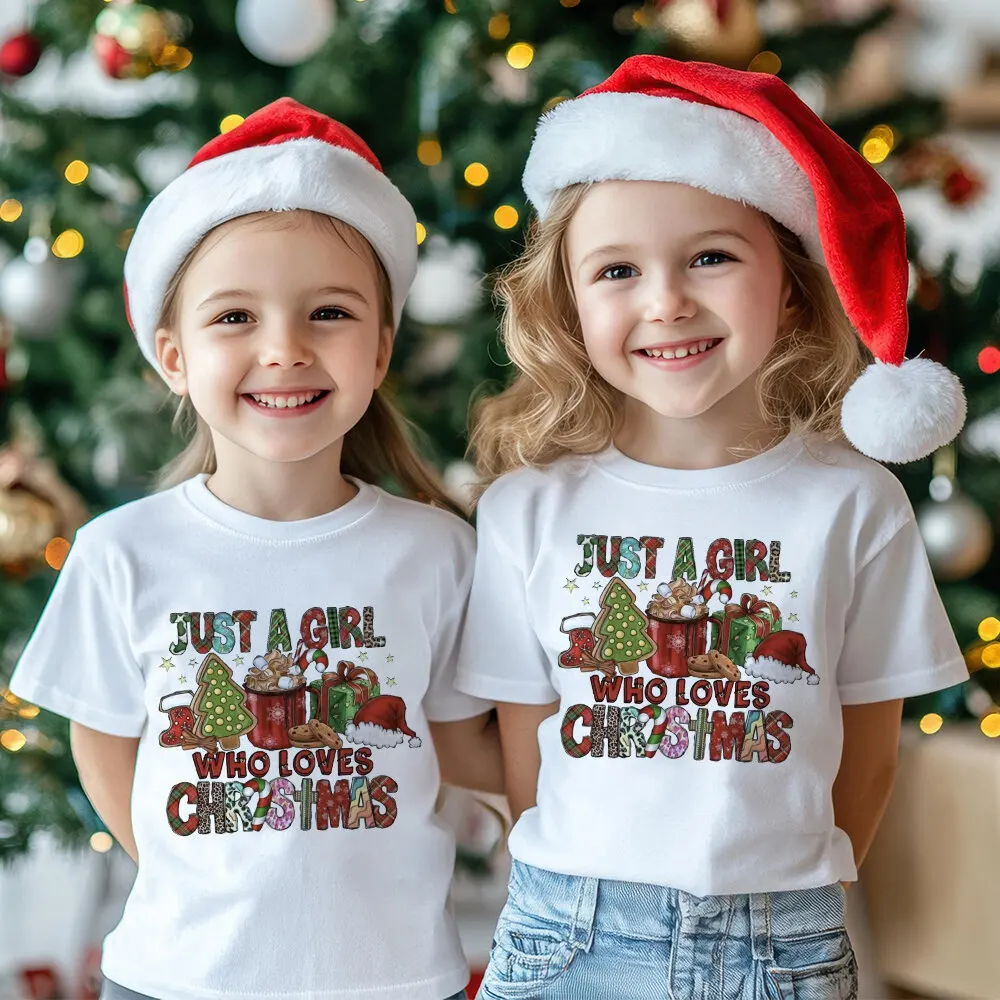 Camisetas con estampado de Just A Girl Who Loves Christmas para niños, camiseta para fiesta de Navidad, traje de vibraciones navideñas, camiseta de manga corta para niños