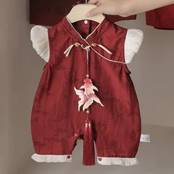 Pelele rojo sin mangas para recién nacida – Estampado veraniego