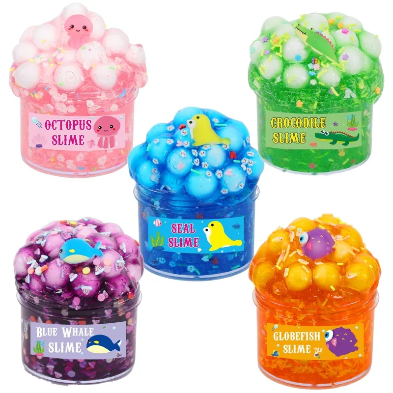70ml Squishy Slime broma juguetes sensoriales océano tema sello medusas Pufferfish partículas grandes cristal barro juguete para aliviar el estrés regalo