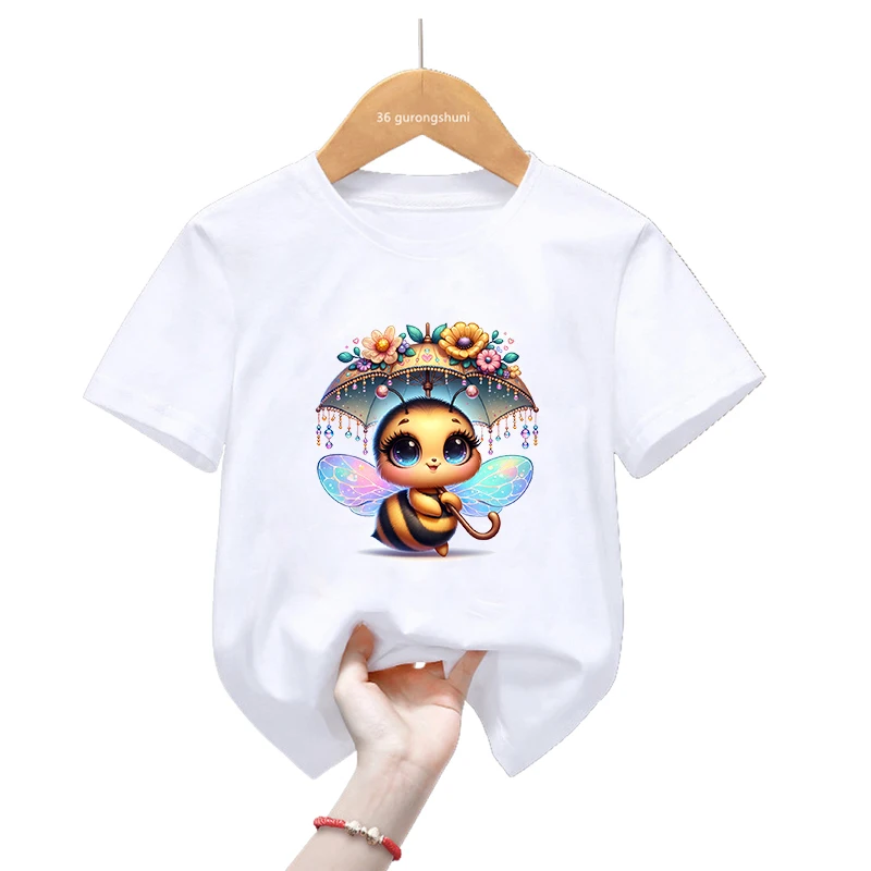 Camiseta divertida con estampado de flores de abeja para niñas, ropa Kawaii para niños, camiseta de manga corta de mariposa, moda de verano, camiseta Harajuku - imagen 5