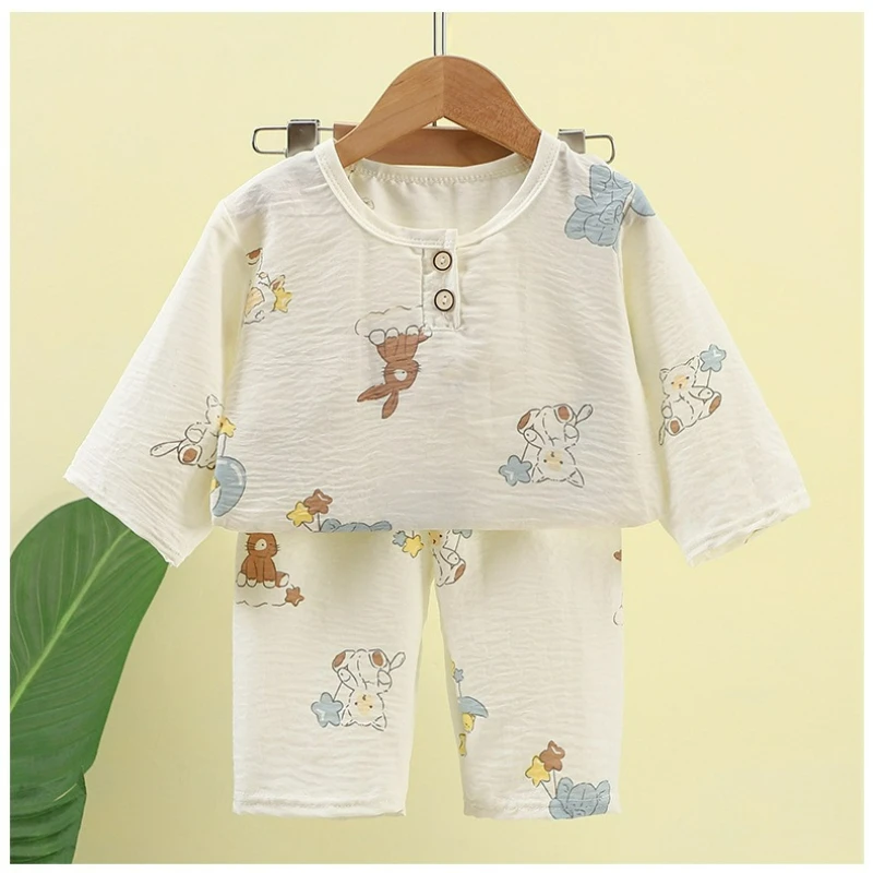 Conjunto de ropa de verano para el hogar, manga media, niños y niñas, algodón de nube, ropa de dormir informal ligera y con aire acondicionado con pantalones cortos - imagen 5