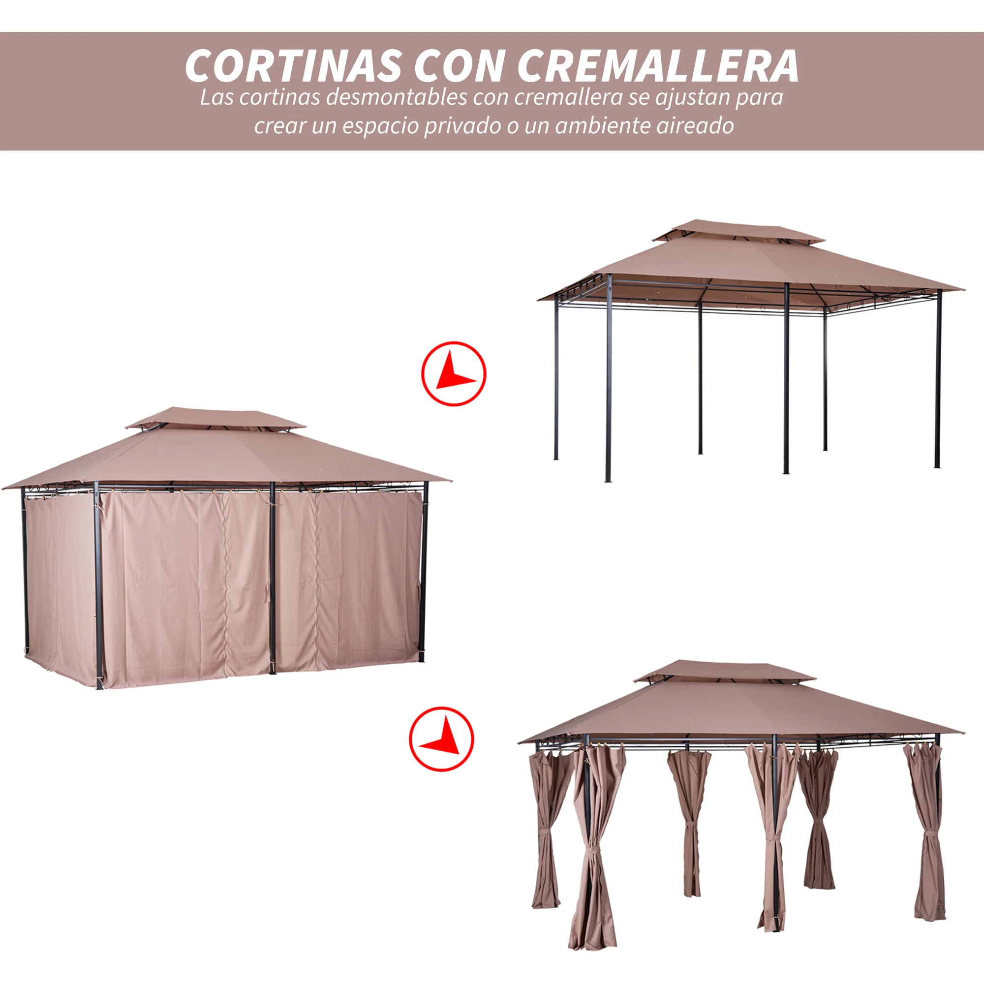 Outsunny Cenador de Jardín 3x4 m Gazebo de Exterior con Paredes Laterales Doble Techo 6 Puertas con Cremallera y 8 Orificios de Drenaje para Terraza Patio Playa Caqui - imagen 5